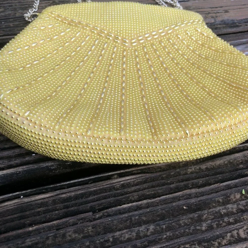 Yellow Gold Corde Art Deco Beaded Purse Evening Bag Vintage 50s 60s Hong Kong